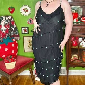 Vintage Rare Y2k Fairycore Black Tiered Ruffle Beaded Dress w/ Blue Rose Buds